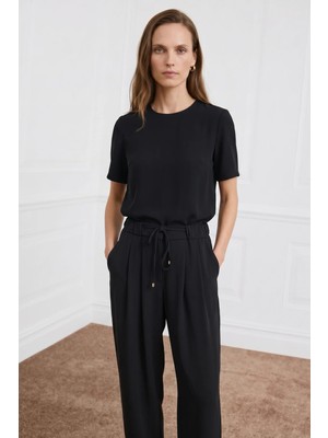 Sateen Kısa Kollu Bluz - Siyah