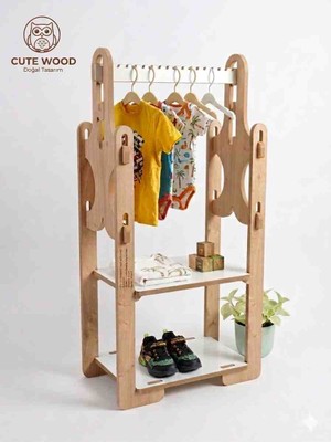 Cute Wood Montessori Ahşap Çocuk Askılık, Ayakkabılık ve Raf Düzenleyici