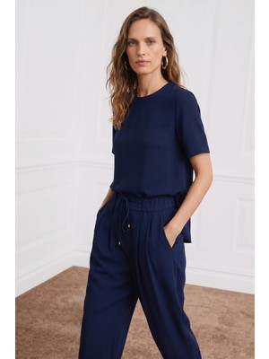 Sateen Kısa Kollu Bluz - Lacivert