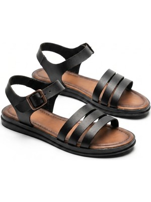 Giamgia Store Giamgia Siyah Kadın Düz Taban Bilekten Ayarlamalı Klasik Sandalet