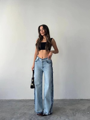 Vesantia Kadın Wide Leg Yüksek Bel Yanı Detaylı Premium Denim Jean