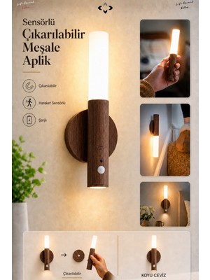Liground Sensörlü Çıkarılabilir Meşale Aplik Şarjlı LED Kablosuz Duvar Apliği Gece Işığı Gece Lambası