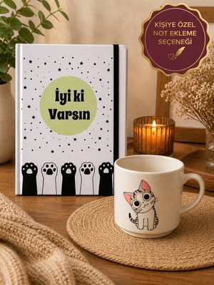 Rüya Kıyısı Iyi Ki Varsın Yazılı Pati Baskılı Çizgisiz Defter & Kedi Baskılı Kupa - Sevgiliye Arkadaşa Doğum Günü Hediyesi