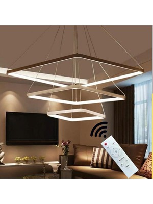 Hevsel Eskitme Gold Gövde, Kumandalı ve 3 Renk Işık, 3 Katlı Kare Sarkıt LED Avize