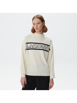 Lacoste Kadın Regular Fit Dik Yaka Baskılı Beyaz Kazak