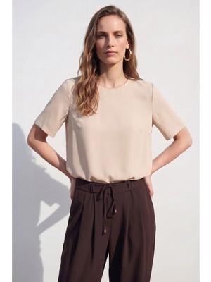 Sateen Kısa Kollu Bluz - Bej