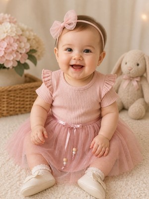 Lina Baby Bloomm Kız Bebek Pudra Pembe Tüllü Elbise Çiçek Desenli Fırfır Detaylı Şık Abiye