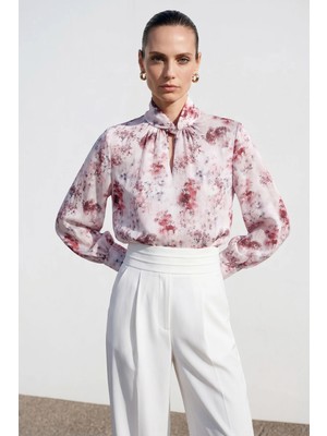 Sateen Çiçek Desenli Bluz - Mürdüm