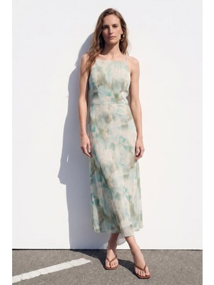 Sateen Çiçek Desenli Askılı Uzun Elbise - Mint