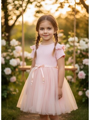 Lina Baby Bloomm Kız Bebek Pudra Pembe Tüllü Elbise Çiçek Desenli Fırfır Detaylı Şık Abiye