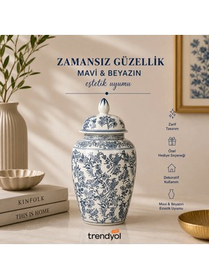 Betonique Stone Bleu Blanc Kapaklı Vazo (43,5cm)