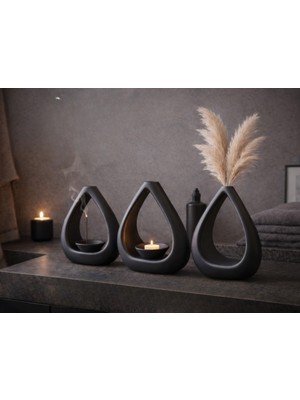 3'lü Set Vazo, Tütsülük, LED Mumluk, Çiçek Vazosu, Modern ve Minimalist Iç Mekan LED Mum Hediye
