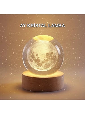 Nevamel® 8 cm Ay Desenli Kristal Küre Sıcak LED Işıklı Ahşap Tabanlı Oda Lambası