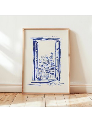 Ninastore Şehir Manzarası Eskiz Posteri | Mavi Çizgi Sanatı Baskısı | Minimalist Şehir Illüstrasyonu | Modern