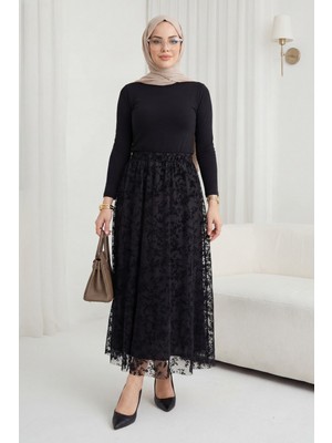 Moda Morfo Beli Lastikli Flog Baskılı Astarlı Tül Etek -Siyah