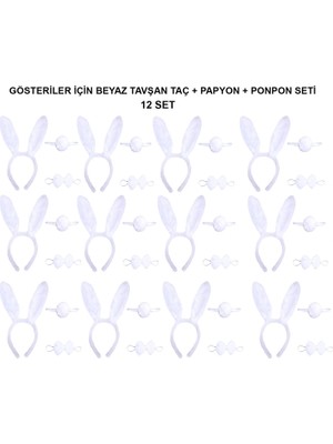 Ulu Pazarlama Beyaz Tavşan Kostüm Seti – Taç, Papyon, Kuyruk (12’li Paket)