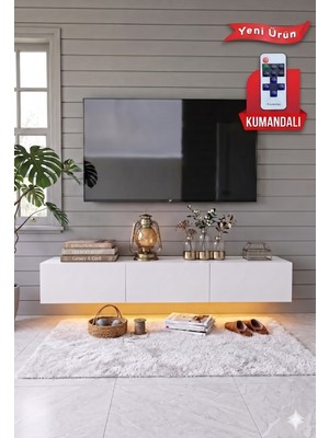 PlatinReyon Pureline Tech LED Işıklı Tv Ünitesi 180 cm - Modern Tv Sehpası - Beyaz