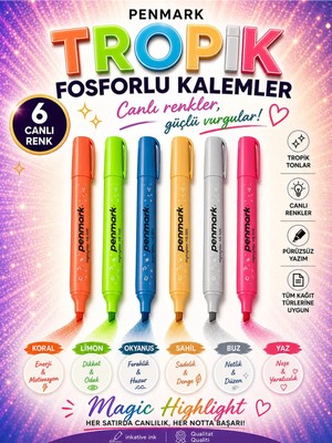 Anı Ofis Kırtasiye 6’lı Fosforlu Kalem Seti – Pastel & Tropik Renkler | Canlı Renkli Highlighter Kalemler