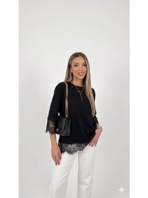 Shine & Style Sırt Dantel Detay Bisiklet Yaka Modal Tişört Siyah