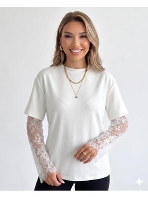 Shine & Style Dantel Detaylı Kısa Kol Modal Oversize Tişört Beyaz
