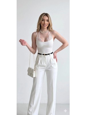 Shine & Style Dantel Detaylı Askılı Bodysuit Beyaz
