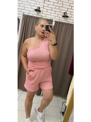 Tuba Toptaş Gofre Beli Lastikli Şort Koyu Pembe L