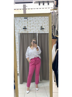 Tuba Toptaş Cepli Dokuma Havuç Pantolon Pembe S