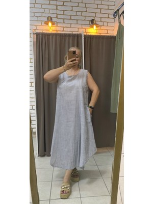 Tuba Toptaş Büyük Beden Cepli Çizgili Salaş Dokuma Elbise Açık Gri 3xl - 4xl