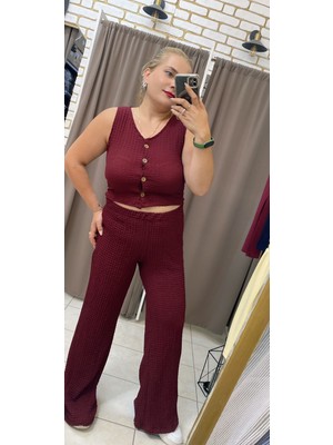 Tuba Toptaş Gofre Crop Yelek Bordo M