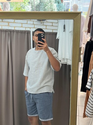 Tuba Toptaş Çizgili Fakir Kol Oversize Gömlek Bej - Mavi M