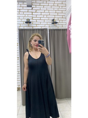 Tuba Toptaş V Yaka Salaş Penye Elbise Siyah Standart