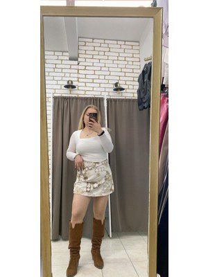 Tuba Toptaş Keten Keerli Şort Etek Açık Kahverengi S