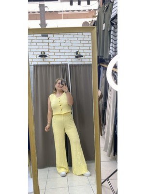 Tuba Toptaş Gofre Rahat Pantolon Açık Sarı S