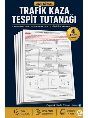 Organik Yolda 4 Adet Otokopili Trafik Kaza Tespit Tutanağı 2026 Güncel | Resmi Format Uyumlu | Pratik ve Hızlı Doldurma
