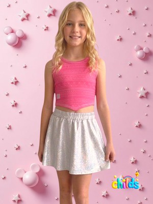 childs Yazlık Pembe Devore Crop Janjan Gümüş Lame Parlak Etekli Kız Çocuğu Ikili Takım