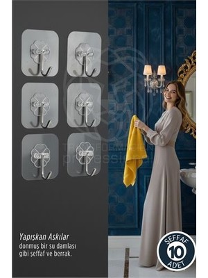 Die Grup 10'lu Şeffaf Yapışkanlı Askı Mutfak Banyo Duvar Askısı Çivisiz Pratik Kanca Seti