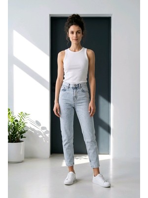 Hies Yüksek Bel Buz Mavi Likralı Mom Jean