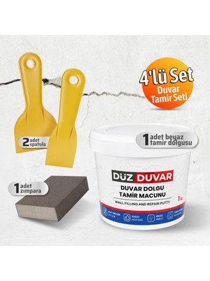 Badem10 (4'lü) Duvar Tamir Seti Beyaz 1000 gr Dolgu Tamir Macunu + 2 Adet Plastik Spatula + Kübik Zımpara