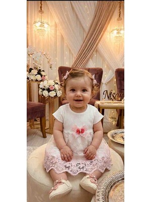 S.Y.M Angel Baby Nervürlü ve Güpürlü Şık Pembe Kız Bebek Fiyonklu Tül Elbise (6-18 Ay)