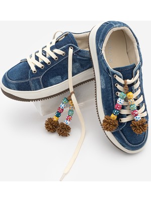Marjin Kadın Sneaker Kalın Taban Denim Çıkarılabilir Boncuklu Tokalı Spor Ayakkabı Porento Lacivert Kot