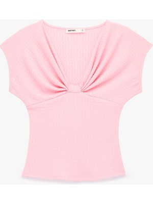 Koton Bürümcük Kumaş Dokulu Slim Fit Kolsuz Düğüm Detaylı V Yaka Tişört