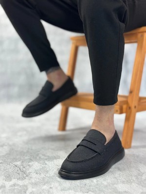 Kuback Erkek AYAKKABIBA0355 Bağcıksız Keten Siyah Taban Klasik Corcik Erkek Ayakkabı