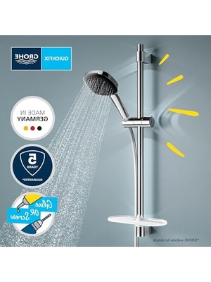 Aesco Grohe Vitalio Comfort 110 Sürgülü Duş Seti (Sabunluklu) 110 mm Kare 2 Akışlı (Yağmur & Jet) El Duşu, 600 mm Sürgülü Ray, 1750 mm Duş Hortumu, 3 Barda Max. 13.5l/dk, Duş Başlığı Seti, Krom, 26929001
