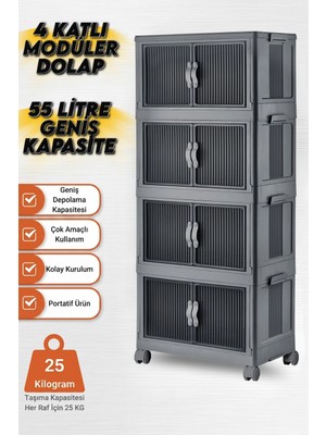 Vivenda 4 Katlı Modüler Dolap, 55 Litre, 360° Tekerlekli, Çok Amaçlı Saklama Ünitesi, Banyo ve Mutfak Dolabı Antrasit