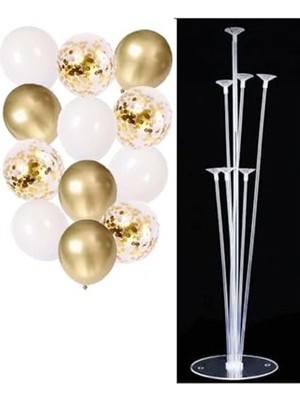 Aesco 10 Adet 12 Inç Balon ve Balon Standı (Gold Beyaz)