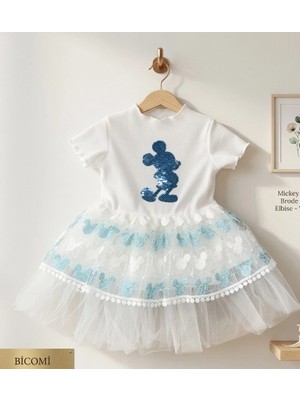 Biçomi Kız Bebek Mickey Baskılı Brode Etekli Pamuklu Konfor Elbise - Turkuaz