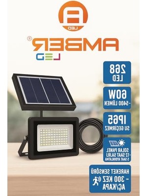 Aesco Amber LED 268 Led'li Solar Projektör – 60W, 5400 Lümen, 10 Metre Kablolu, IP65 Su Geçirmez, 6500K Beyaz Işık, Hareket Sensörlü Güneş Enerjili Dış Mekan Aydınlatma          [enerji Sınıfı A]