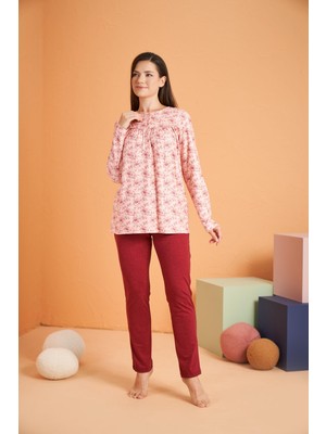 Gd Goldoremi Premium Kadın Rahat Kesim Yuvarlak Yaka Çiçek Desenli Düğmeli Uzun Kollu Pijama Takım