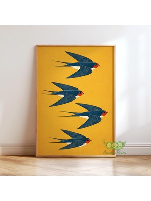 Ninastore Kırlangıç ​​kuşu Duvar Sanatı - Japon Kuş Baskısı - Sarı Duvar Dekoru - Minimalist Doğa Posteri -