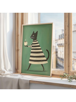 Ninastore Minimalist Siyah Kedi Baskısı, Kahvesiyle Keyif Yaparken - Orta Çağ Moderni Kedi Sanatı - Yeşil